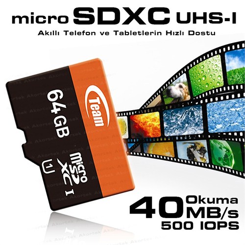 Team 64GB MicroSDXC UHS-I Class 10 40MB/Sn  Hafıza Kartı + SD Adaptör (TMMSD64GUHS)