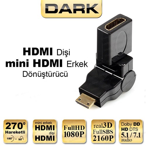 Dark Mini HDMI 270° Derece Dönüştürücü Dirsek (mini HDMI Erkek - HDMI Dişi) (DK-HD-AFXMM270TV)