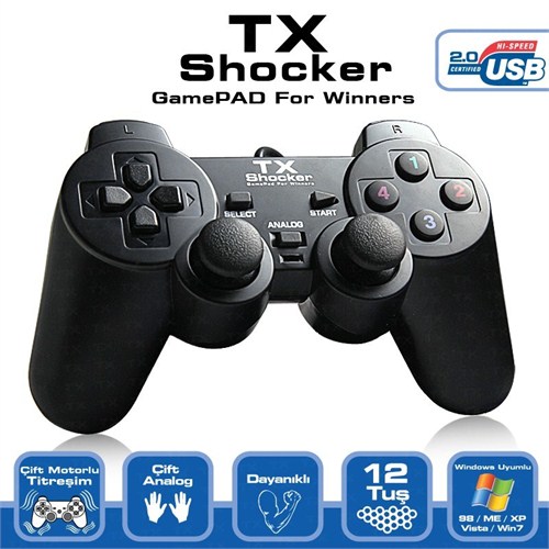 TX Shocker Çift Analog, Çift Titreşim Motorlu, 12 Tuşlu Analog/Dijital USB PC Gamepad