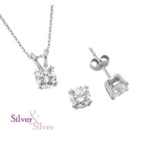 Silver & Silver 3 ct Zirkon Taşlı Tektaş Kolye, Küpe Set