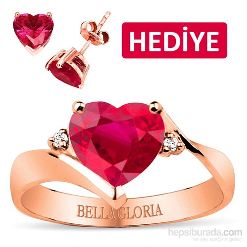 Bella Gloria Kırmızı Kuartz Topaz Roz Aşk Yüzüğü (GPY0044) - Kalp Küpe Hediyeli !