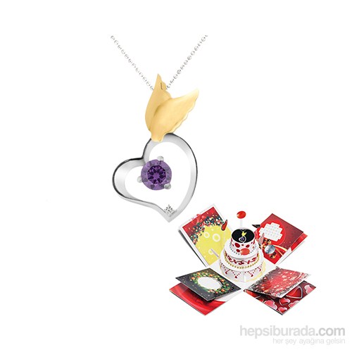 Chavin Sürpriz Pastalı Melek Kanadı Kalp Pırlanta Altın Kaplama Gümüş Kolye 9bk851
