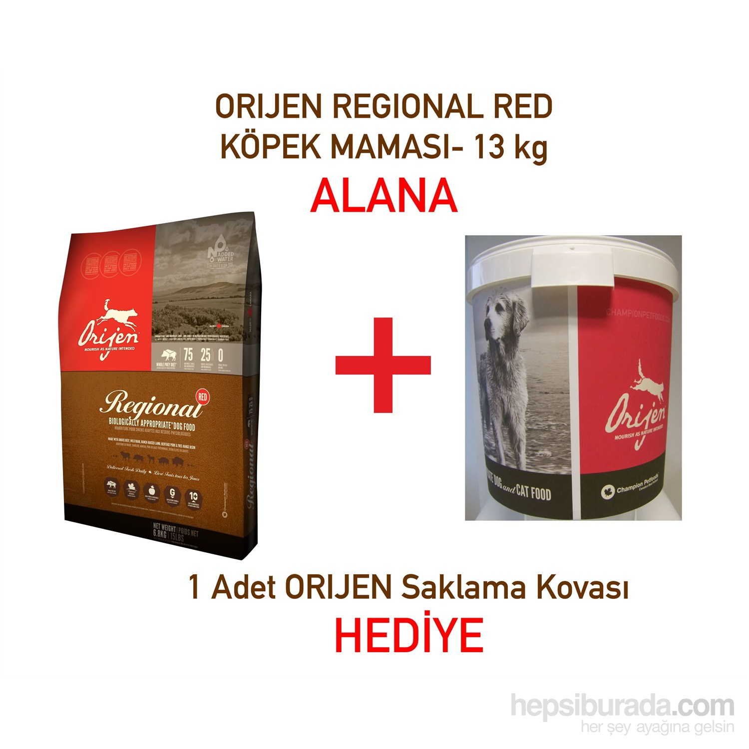 Orijen Regional Red Tüm Irk ve Yaşam Evreleri için Tahılsız Köpek Maması 13 kg + Saklama Kovası Hediye!