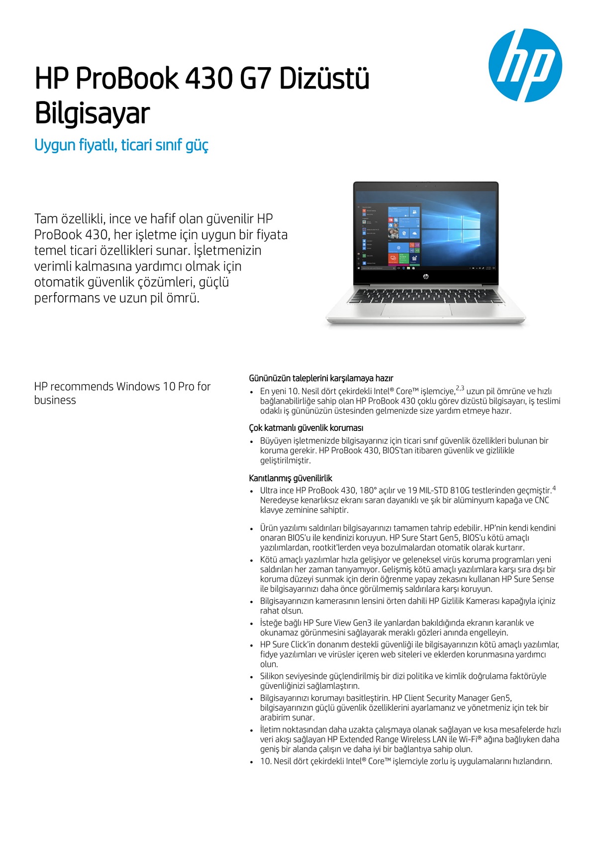 hp 430 g7 intel core i5 10210u 8gb 512gb ssd windows 10 home 13 3 fhd tasinabilir bilgisayar 1b7f1es