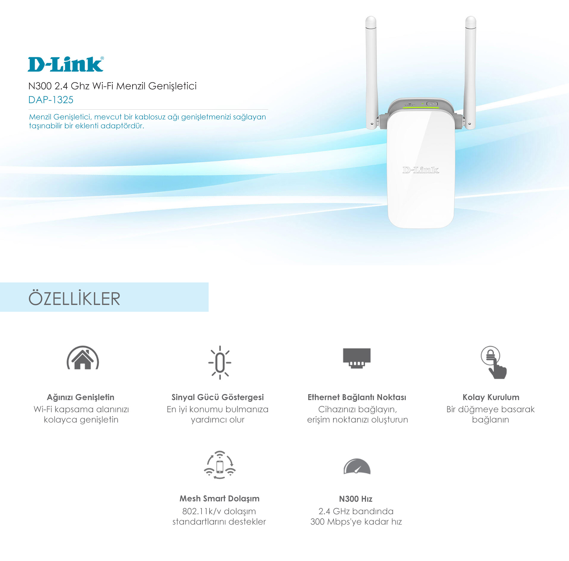 D-LINK DAP-1325 300Mbps 2.4 Ghz N Kablosuz Wi-Fi Menzil Genişletici