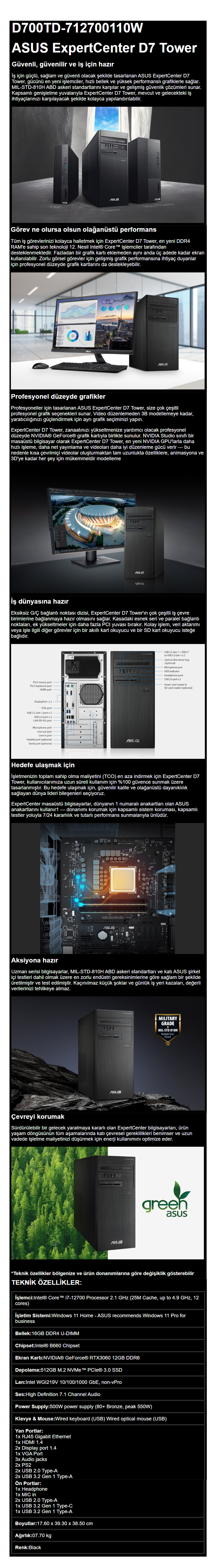 Asus Expertcenter D7 Tower Intel Core I7-12700 16 GB 512 GB Fiyatı