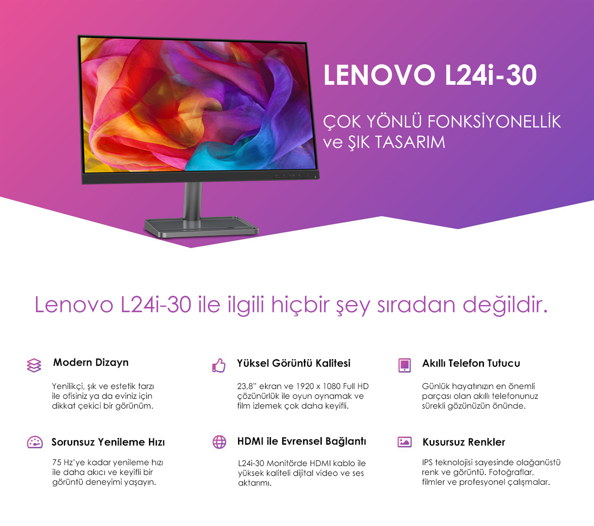 Lenovo L24i-30 66BDKAC2TK renkli monitor ekran tanıtım