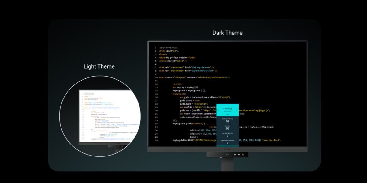 BenQ RD280U koyu ve açık tema kodlama ortamı
