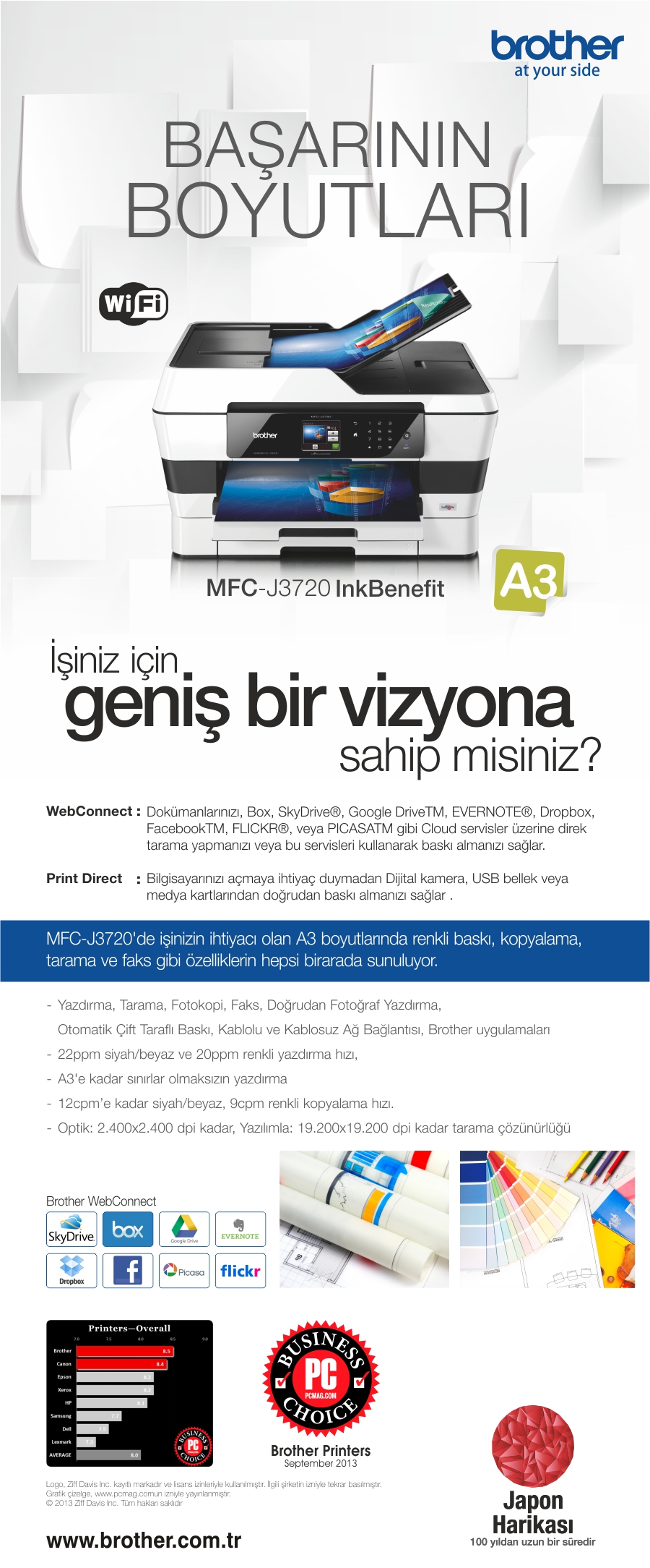 Brother MFCJ3720 Faks + Fotokopi + Tarayıcı + WiFi Yazıcı Fiyatı