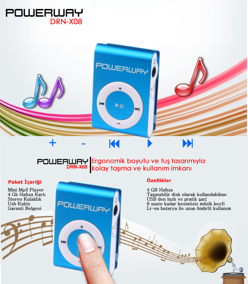 Powerway DRNX08 4GB MP3 Player Mavi Fiyatı Taksit Seçenekleri