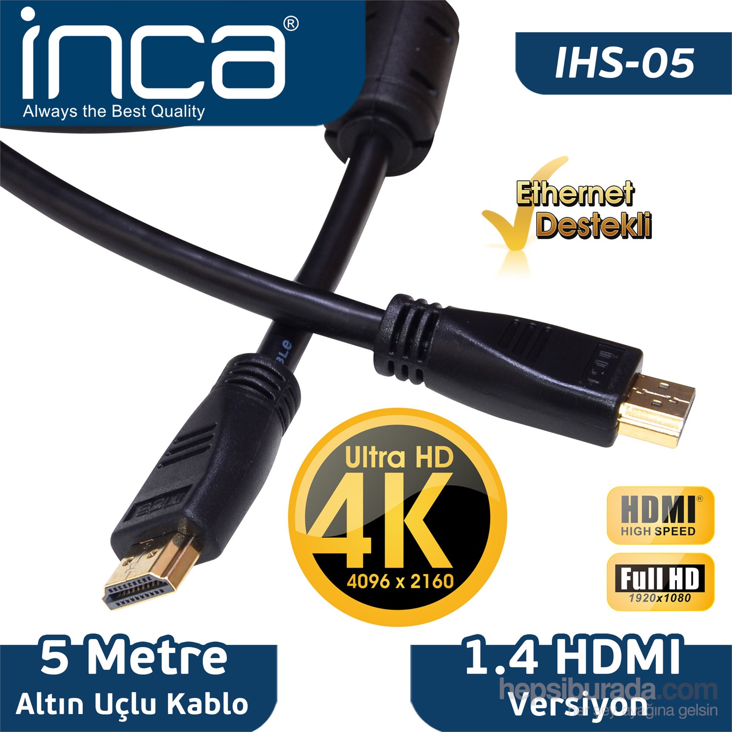 INCA IHS-05E ALTIN UÇLU 4K ULTRA HD 3D HDMI SPEED CABLE. 5 METRE