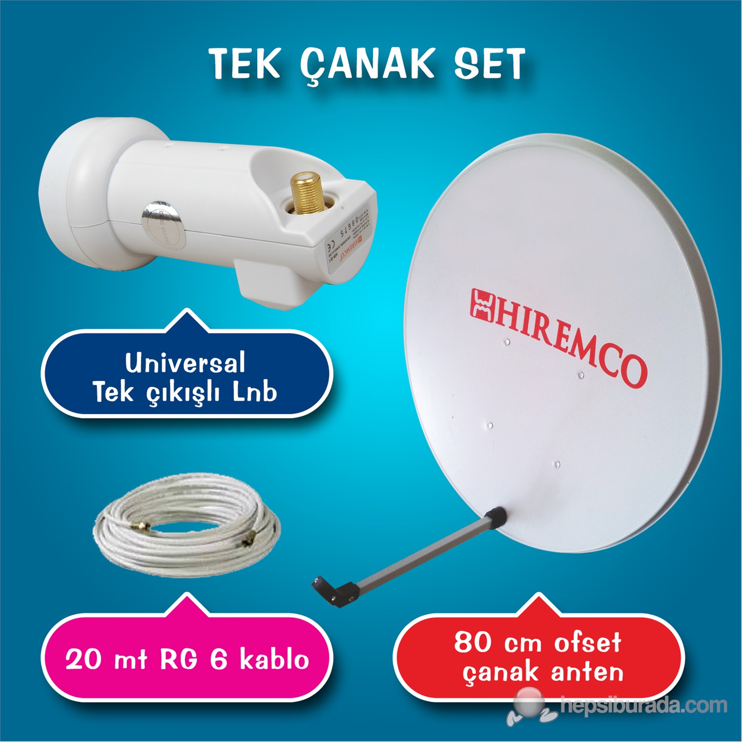 Hiremco Tek Çanak + Universal Lnb + 20 Mt Kablo
