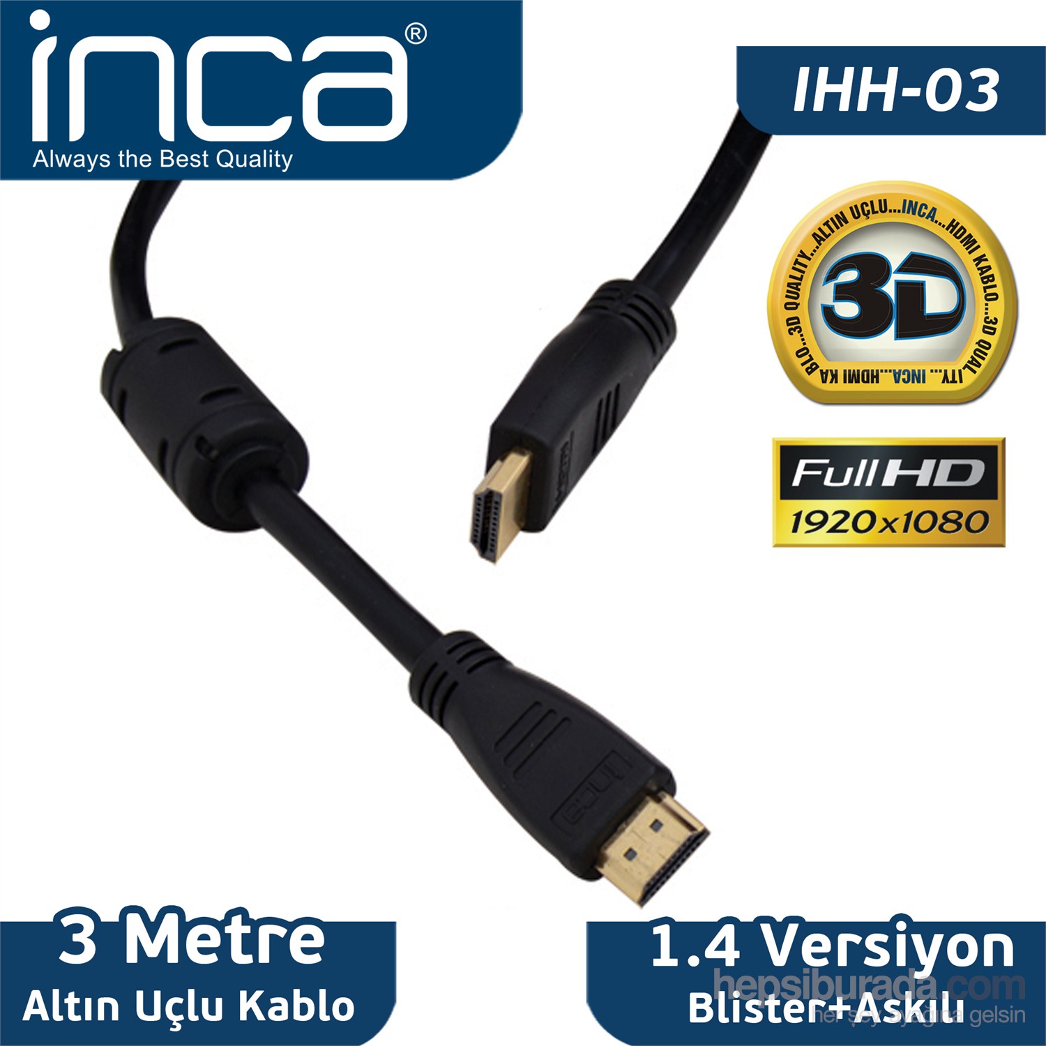 Inca IHH-03 HDMI To HDMI 3MT 1.4 3D Altın Uçlu Kablo (Blister+Askılı)
