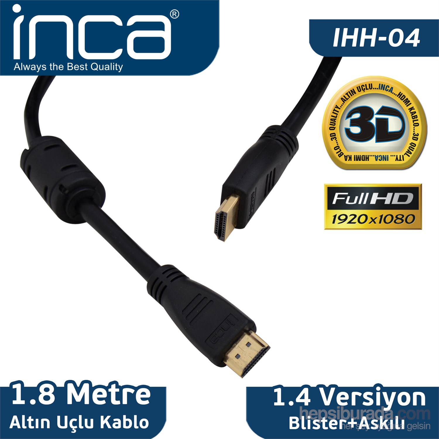 Inca IHH-04 HDMI To HDMI 1.8MT 1.4 3D Altın Uçlu Kablo (Blister+Askılı)