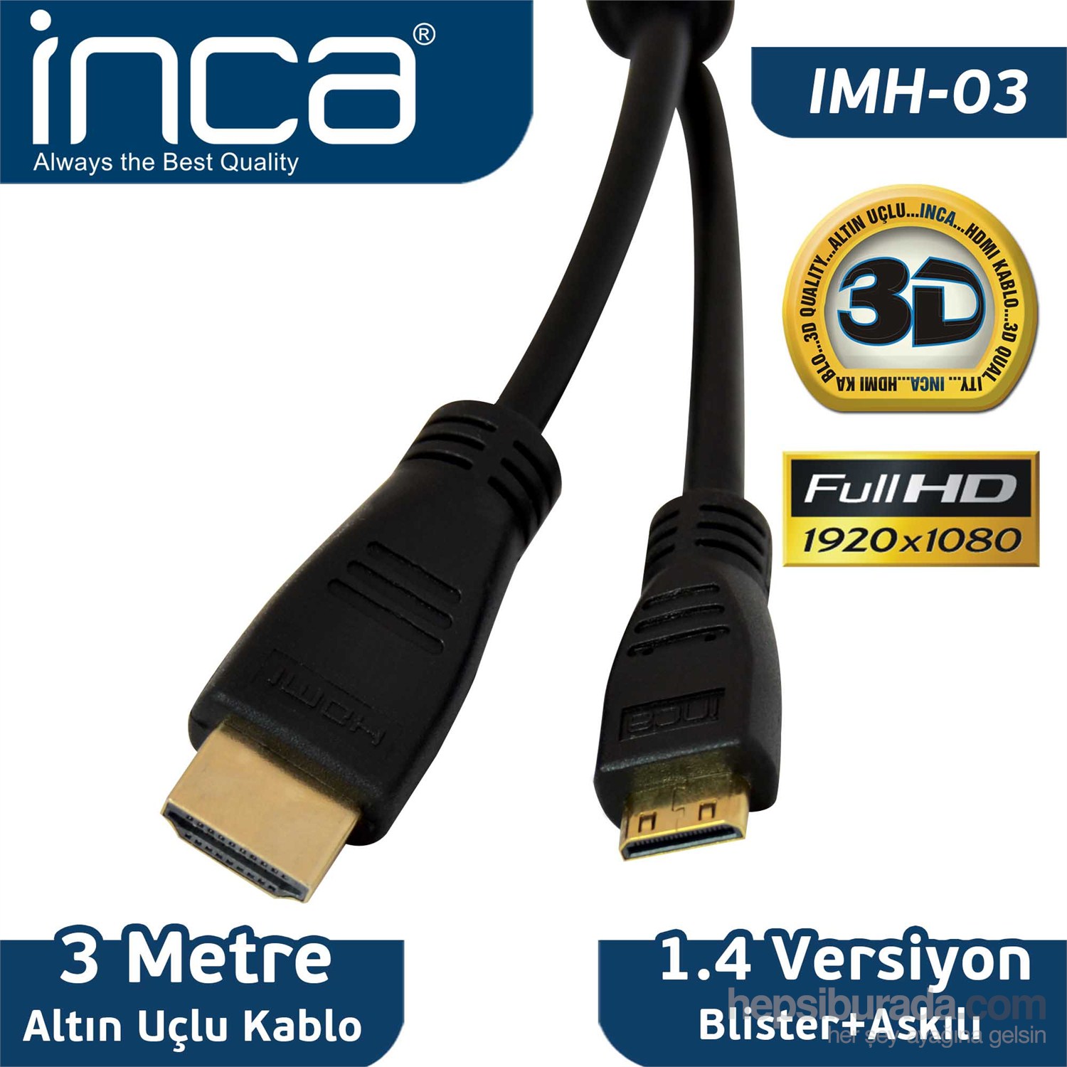 Inca IMH-03 Mini HDMI-HDMI v1.4 3D 3m Full HD Altın Uçlu Kablo