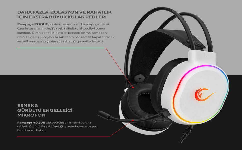 Rampage ROGUE Beyaz USB 7.1 Surround RGB Ledli Gaming Oyuncu Fiyatı