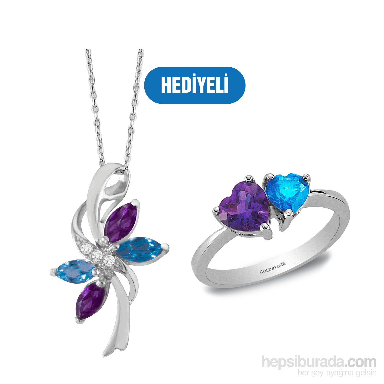 Goldstore Pırlanta Blue Topaz Ametist Kolye DP37259 - Yüzük Hediyeli !