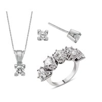 Silver & Silver 8 ct Zirkon Taşlı Kolye, Küpe, Beştaş Yüzük Set