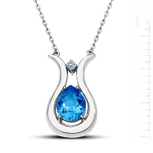 Bella Gloria 925 Ayar 4,3 Gr 0,06 Karat Pırlanta 2,7 Karat Mavi Topaz,  Altın Kaplamalı Pırlanta Mavi Topaz 'Seni Seviyorum' Kolye (GK00118)