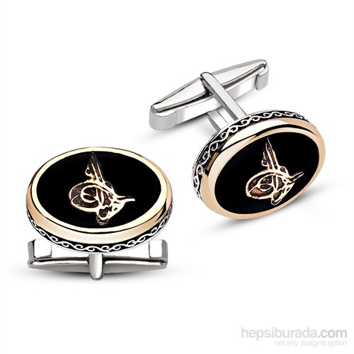 Tesbihane 925 Ayar Gümüş Oniks Taşlı Tuğra Model Kol Düğmesi