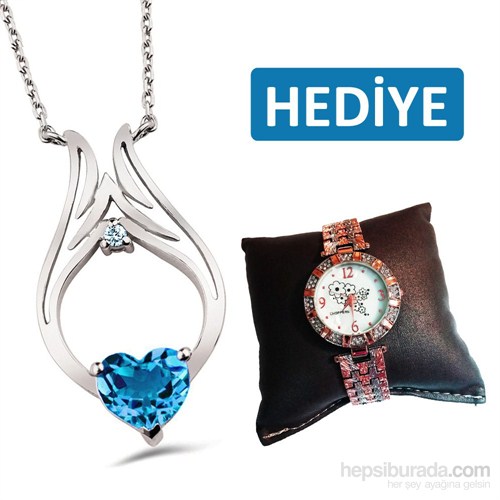 Bella Gloria Altın Kaplamalı Pırlanta Mavi Topaz "Meleğim" Kanat Kolye (GPK0005)