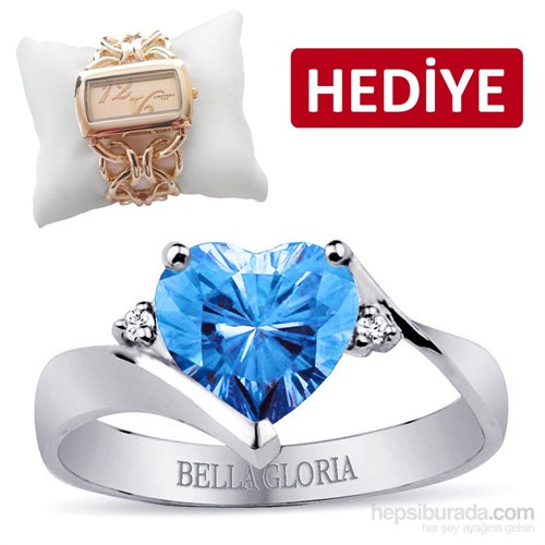 Bella Gloria Altın Kaplamalı Pırlanta Mavi Topaz Aşk Yüzüğü (GPY0009)
