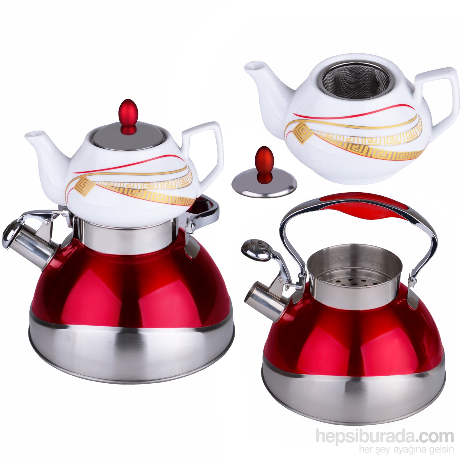 iHouse 7252-Çaydanlık Seti Çaydanlık 3Lt,Demlik 0,75Lt-Kırmızı