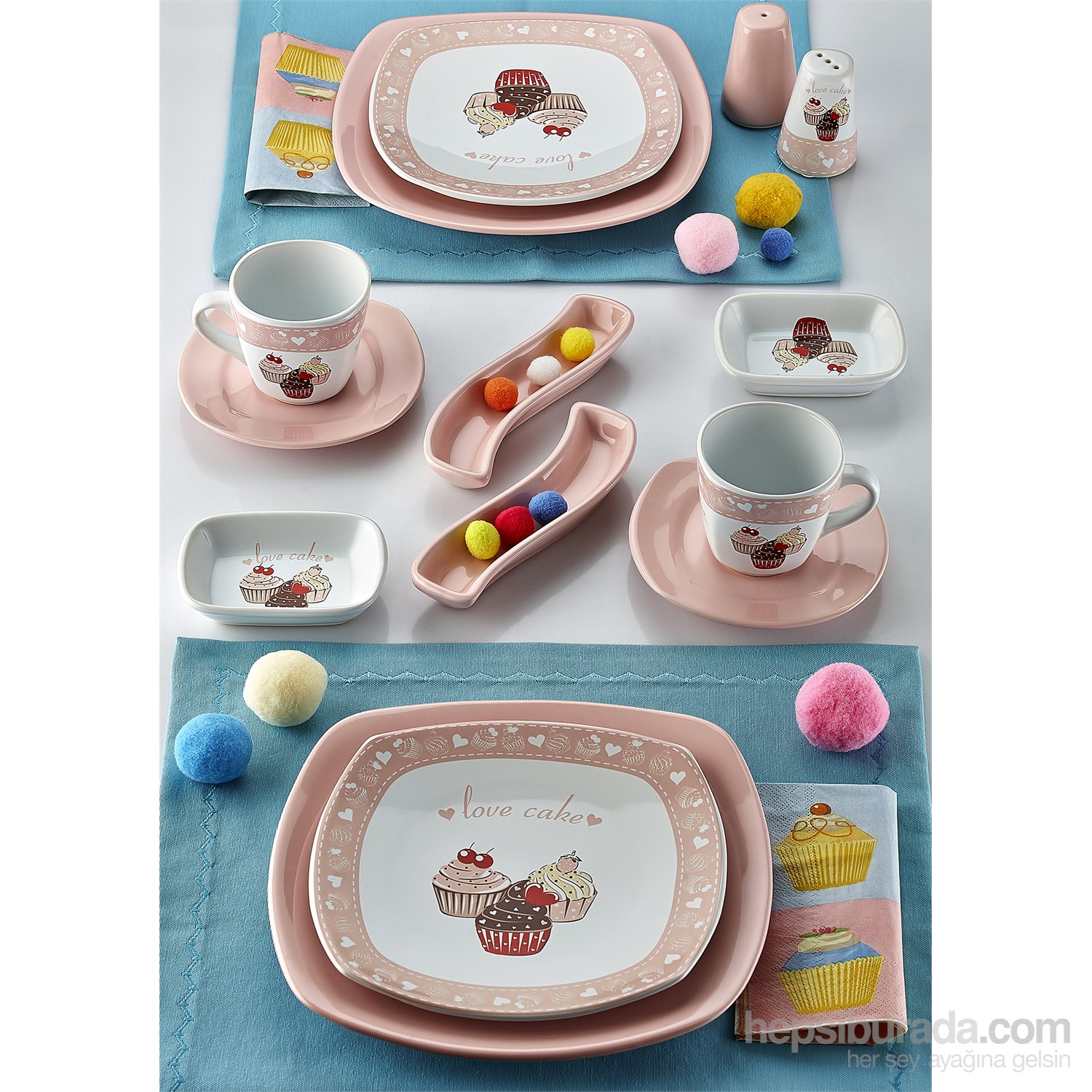 Keramika Set Köşem Kahvaltı 14 Parça Beyaz 004-Pembe Açık 551 Pink Cake A