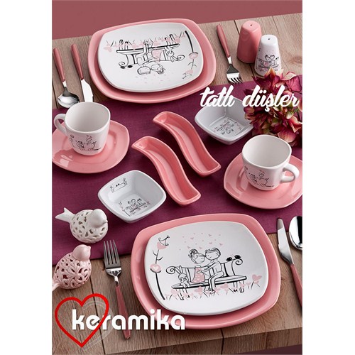 Keramika Set Köşem Kahvaltı 14 Parca Beyaz 004-Pembe 550 Tatlı Dus A