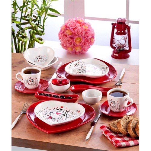 Keramika Set Kalp Kahvaltı 14 Parca Beyaz004-Kırmızı 506 Keyfı Ask Serısı A