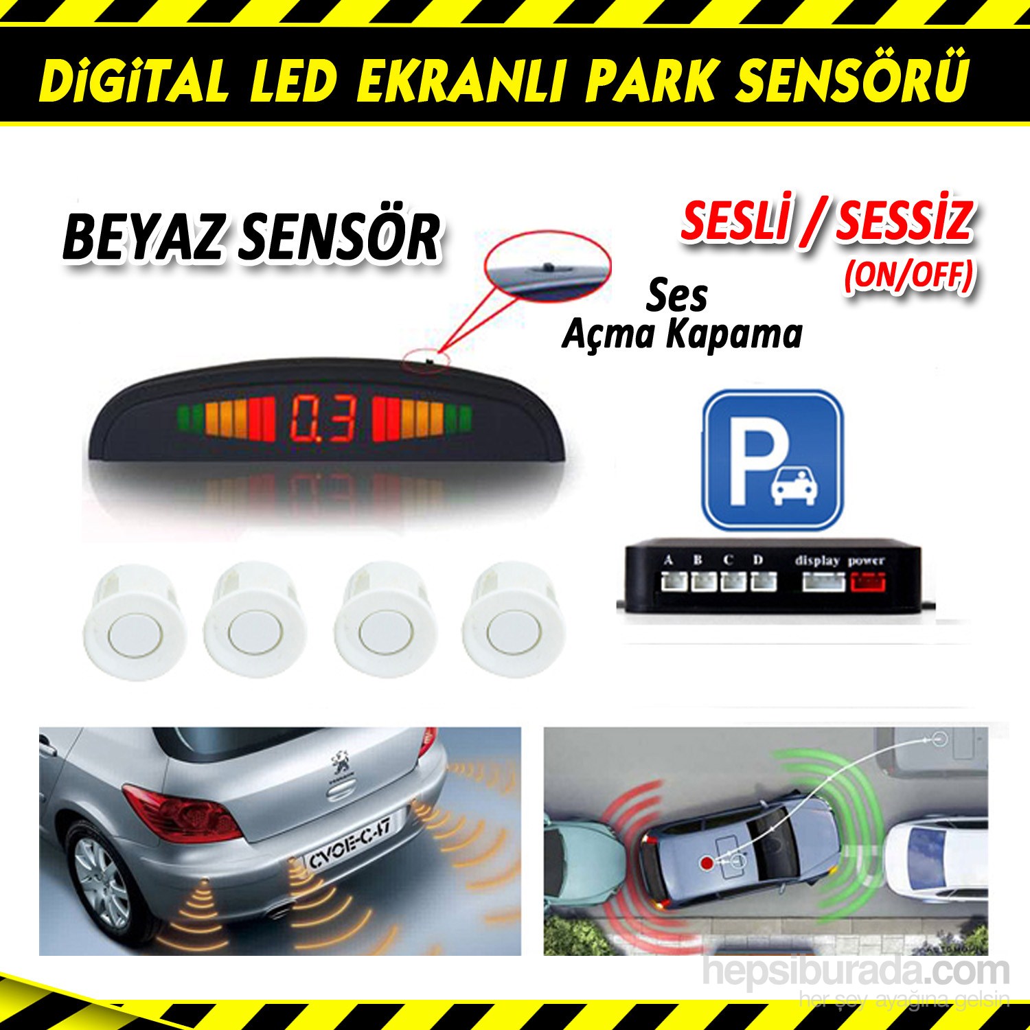 AutoCet BEYAZ Ultra Led Ekranlı Sesli Park Sensörü 3465a