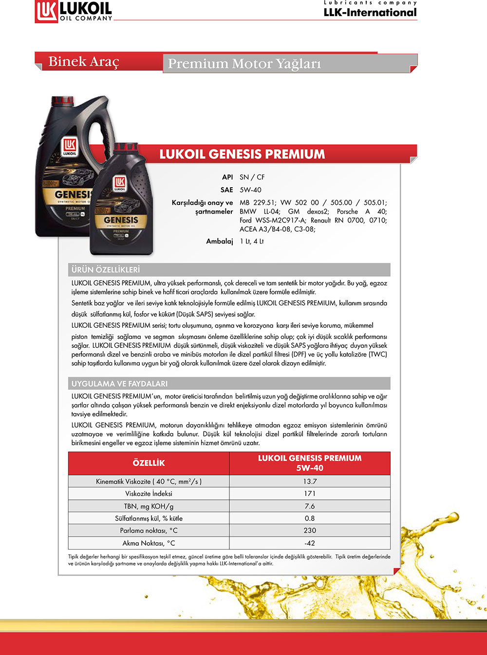 Lukoil Genesis Premium 5W-30 1 Litre Motor Yağı ( Üretim Fiyatı