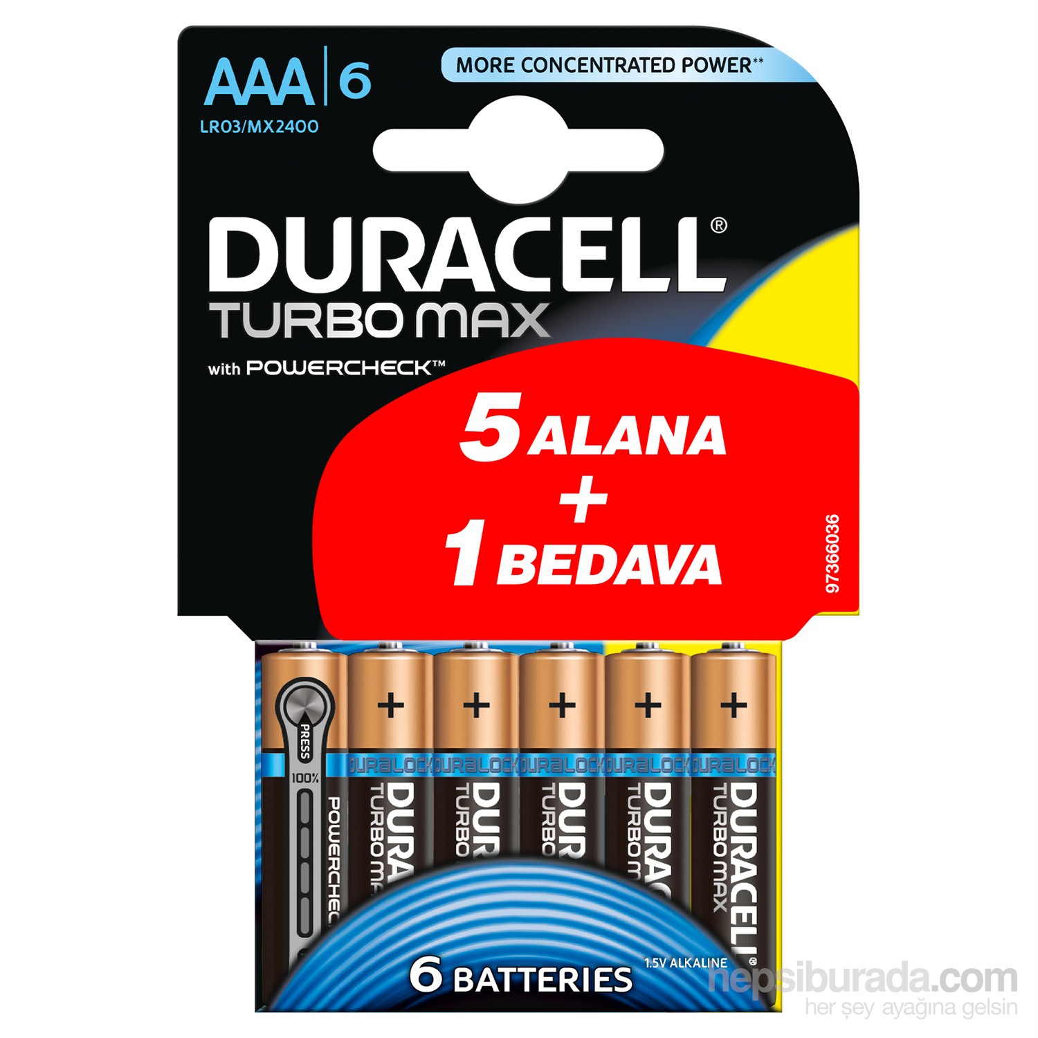 Duracell Turbo Max Alkalin AAA İnce Kalem Pil (5+1) 6'lı Paket