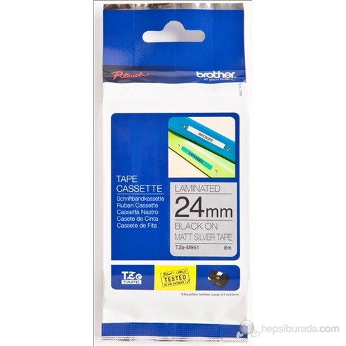 Brother TZ-Tape 24mm x 8mm Mat Gümüş Üzerine Siyah Laminant Etiket