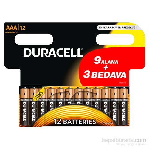 Duracell Alkalin AAA İnce Kalem Pil (9+3) 12'li Paket 15,15 TL