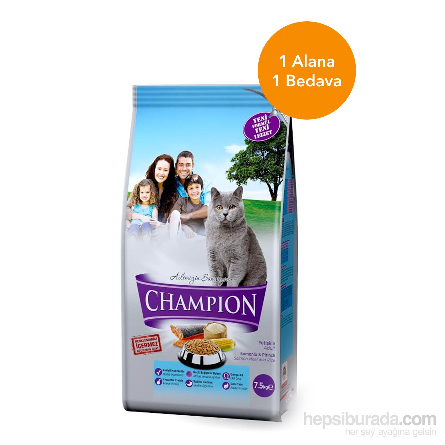 Champion Somonlu & Pirinçli Yetişkin Kedi Maması 7,5 Kg 1 alana 1 bedava
