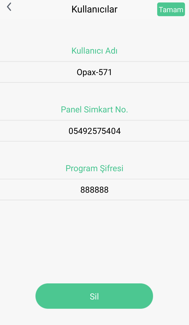 OPAX-571 Kablosuz, Dokunmatik GSM Alarm Paneli Kayıt Ekranı