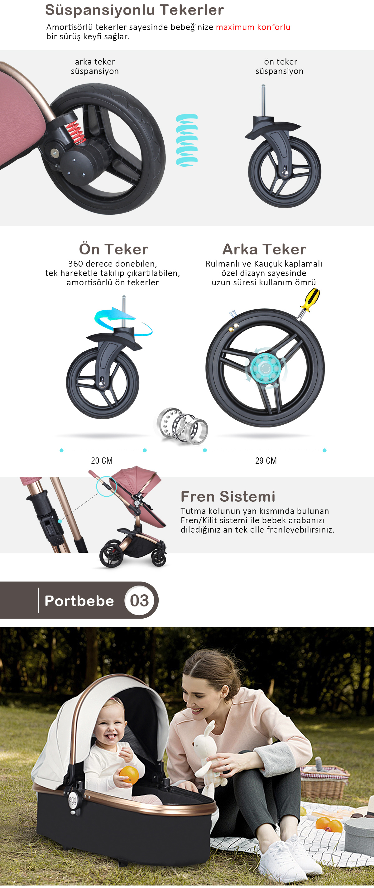 Kiwi Egg 3 in 1 Mono Bebek Arabası + Portbebe BeyazPembe