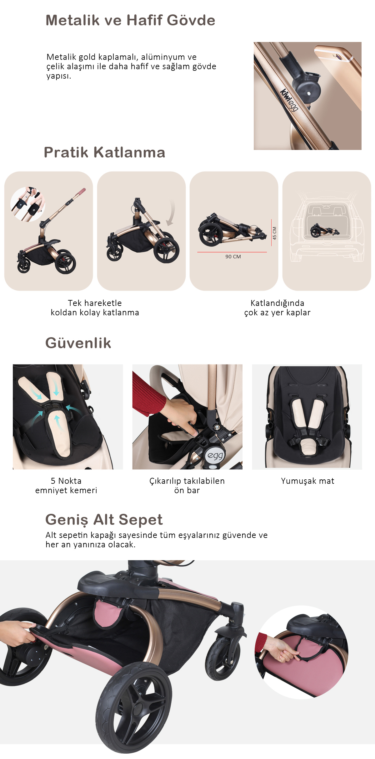 Kiwi Egg 3 in 1 Mono Bebek Arabası + Portbebe BeyazPembe