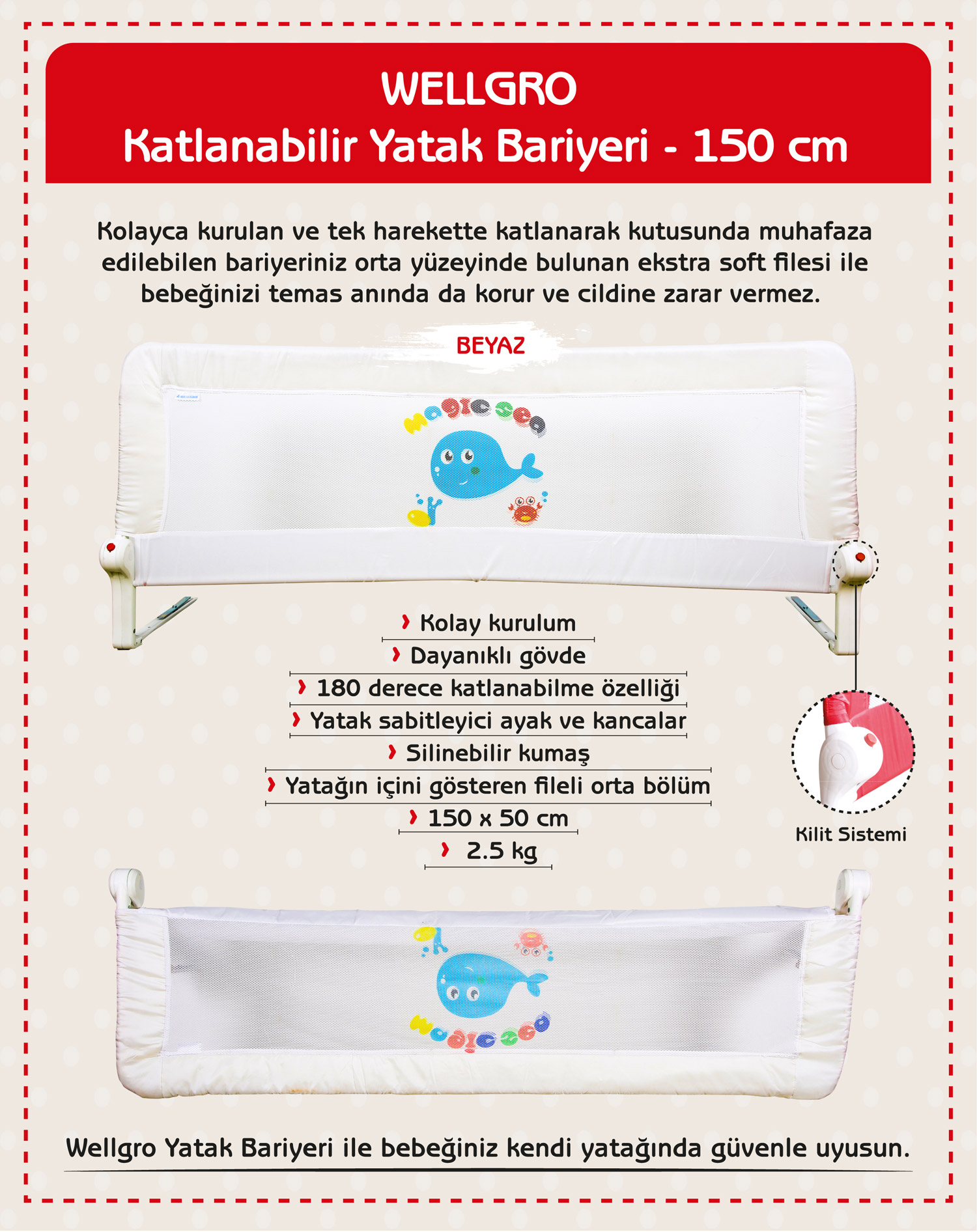 Wellgro Katlanır Yatak Bariyeri Bebek Yatak Korkuluğu
