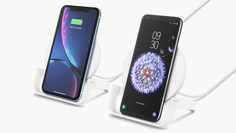 Apple and Samsung smartphones on the BOOST↑CHARGE Wireless Charging Stand