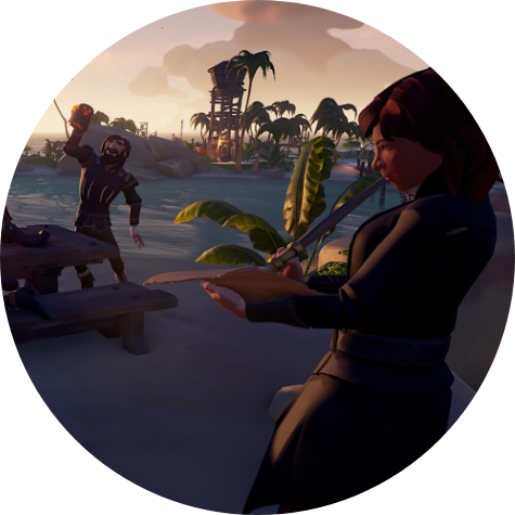 Sea of Thieves. İki korsan, bir ada karargahında dinleniyor.