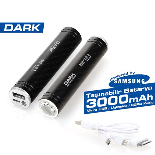 Dark 3000 mAh USB Apple 30Pin/Lightning/MicroUSB Şarj Kablolu Taşınabilir Şarj Cihazı - Siyah (DK-AC-PB3000B)