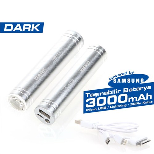Dark 3000 mAh USB Apple 30Pin/Lightning/MicroUSB Şarj Kablolu Taşınabilir Şarj Cihazı - Gri (DK-AC-PB3000S)