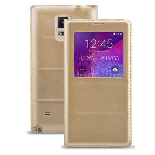 Case 4U Samsung Galaxy Note 4 Pencereli Flip Cover Kılıf Altın