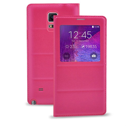 Case 4U Samsung Galaxy Note 4 Pencereli Flip Cover Kılıf Pembe