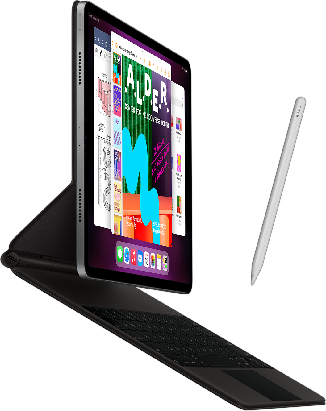 Apple Pencil ve Smart Keyboard Folio takılı iPad Pro’nun yandan görünümü.