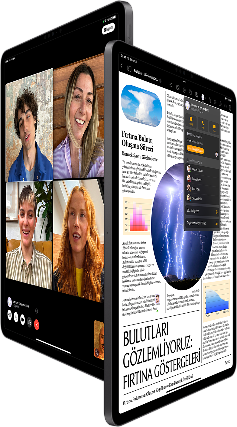 İki adet iPad Pro aygıtında Grup FaceTime ve Pages’da Ortak Çalışma özelliği gösteriliyor.