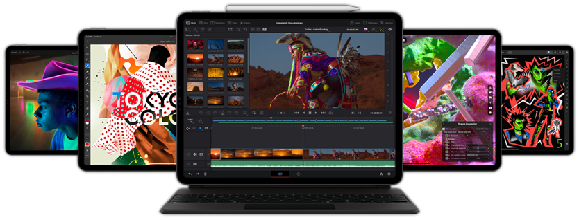 Ekranında iPad için Resolve uygulaması gösterilen, Apple Pencil ve Smart Keyboard Folio takılı iPad Pro’nun yandan görünümü ve arkasında duran başka iPad aygıtları.