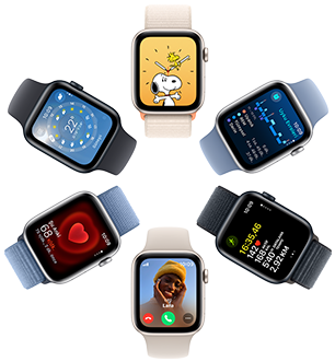 Snoopy duvar kağıdı, Uyku uygulamasındaki ayrıntılı bilgiler, Antrenman uygulaması ölçümleri, bir gelen arama, kalp atış hızı ve Hava Durumu uygulamasının göründüğü altı adet Apple Watch SE ekranının kuş bakışı görünümü.